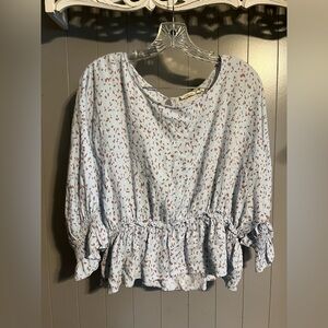 Millibon boutique top blue speckled gathered waist peplum style